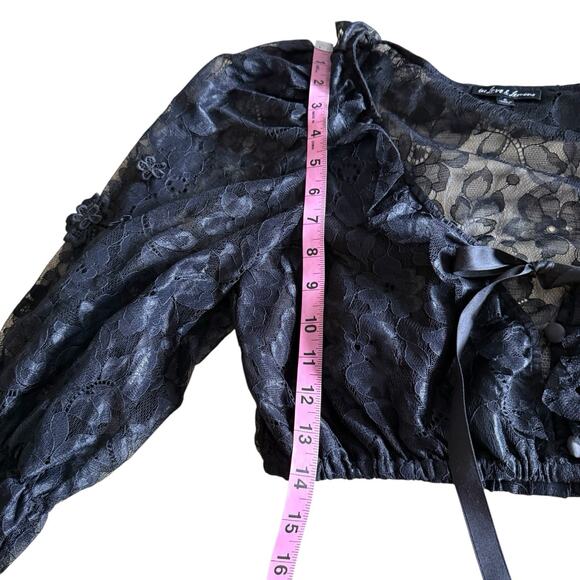 For Love & Lemons Black Floral Lace Puff Sleeve Crop Top Size Small - Picture 7 of 10